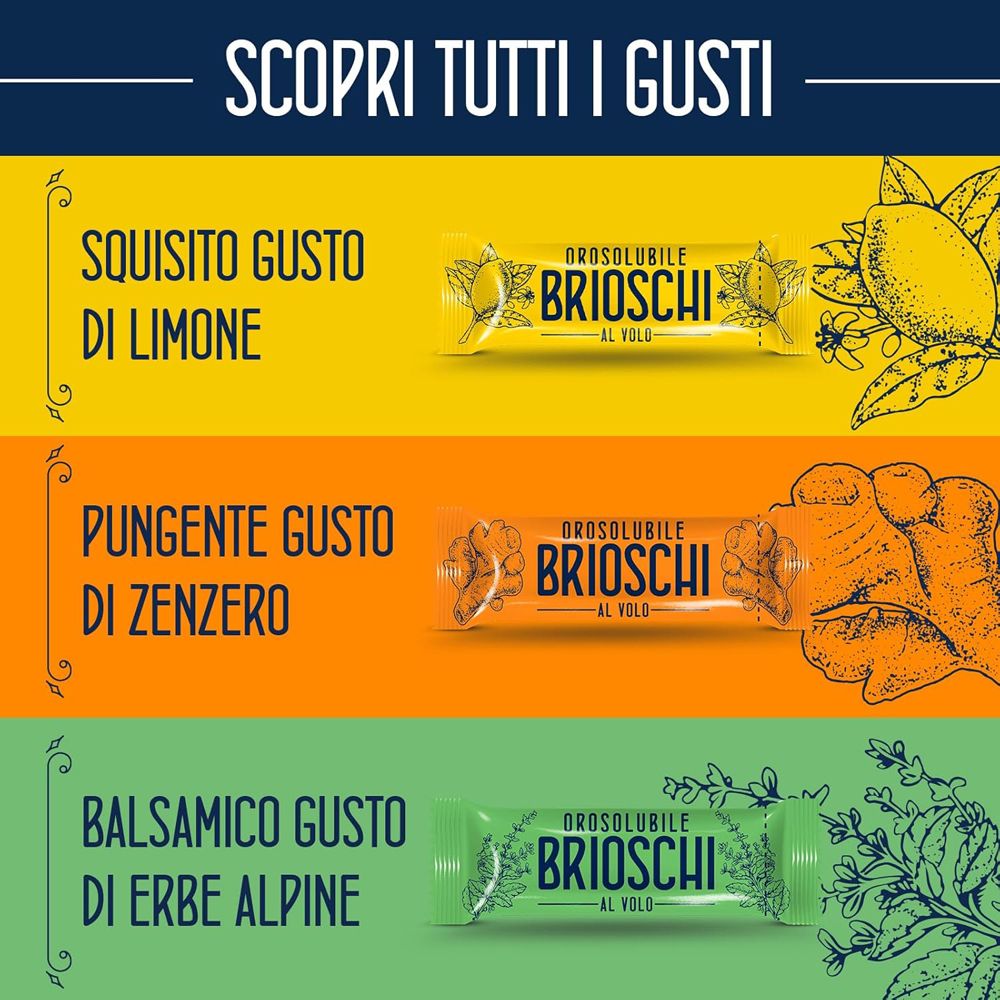 Diversi gusti di Orosolubile Brioschi al volo. Confezioni singole del prodotto. Testo: Squisito gusto di Limone.