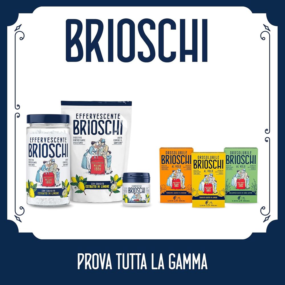 Diversi prodotti Brioschi. Contenitori e scatole. Testo: Effervescente Brioschi. Testo: Prova tutta la gamma.