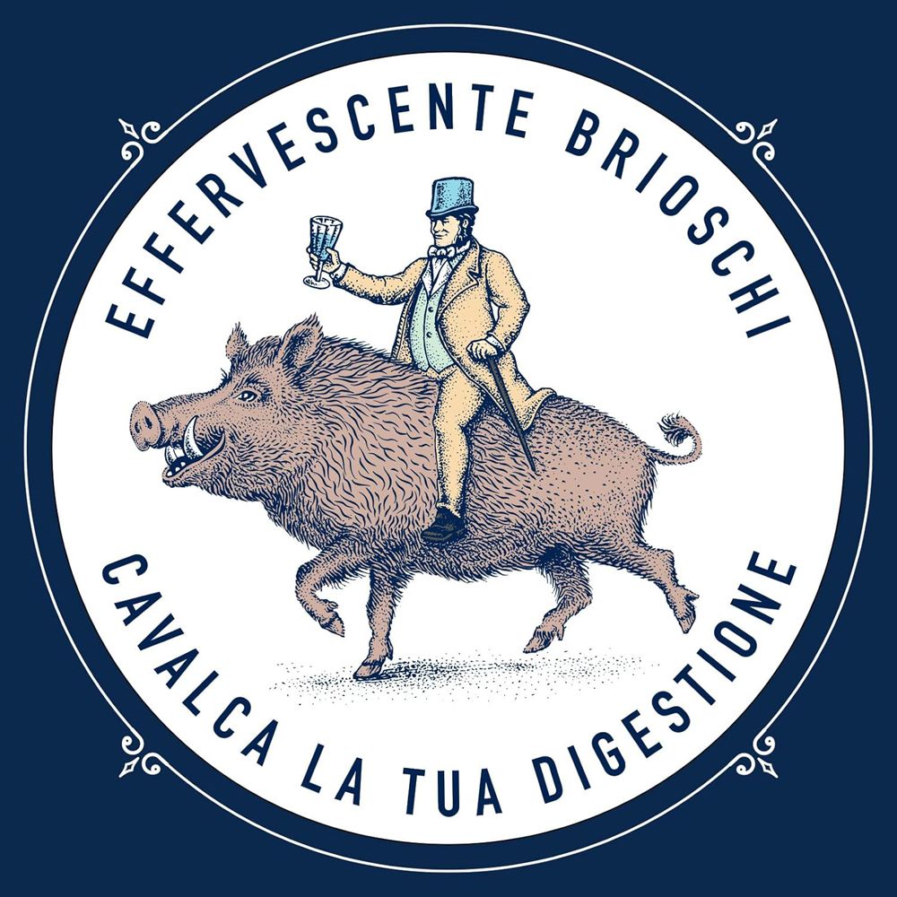 Logo rotondo con illustrazione. Uomo a cavallo di un cinghiale. Testo: Effervescente Brioschi. Cavalca la tua digestione.