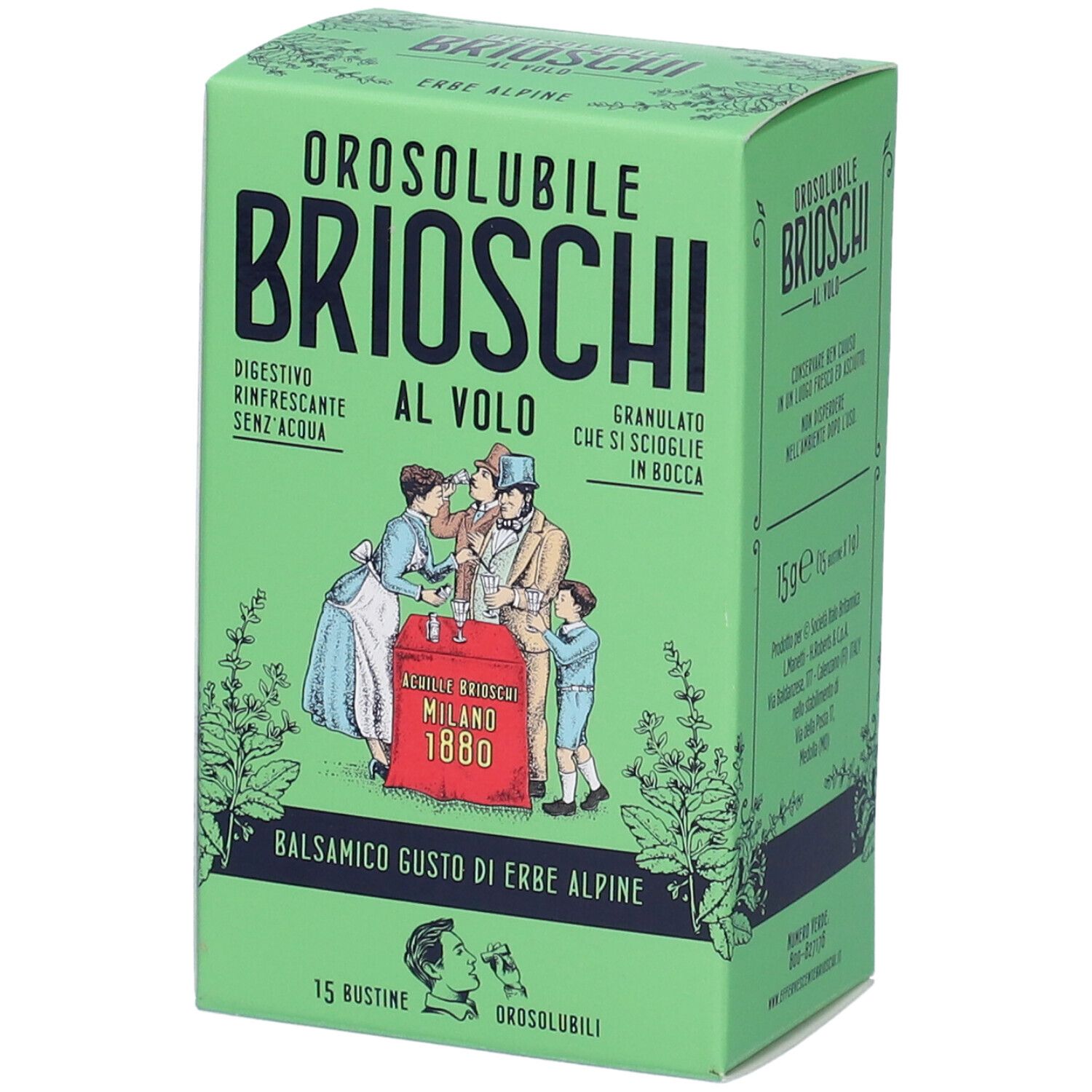 Scatola verde, nome del prodotto e illustrazione. Vista laterale. Testo: Gusto balsamico alle erbe alpine. 15 bustine.
