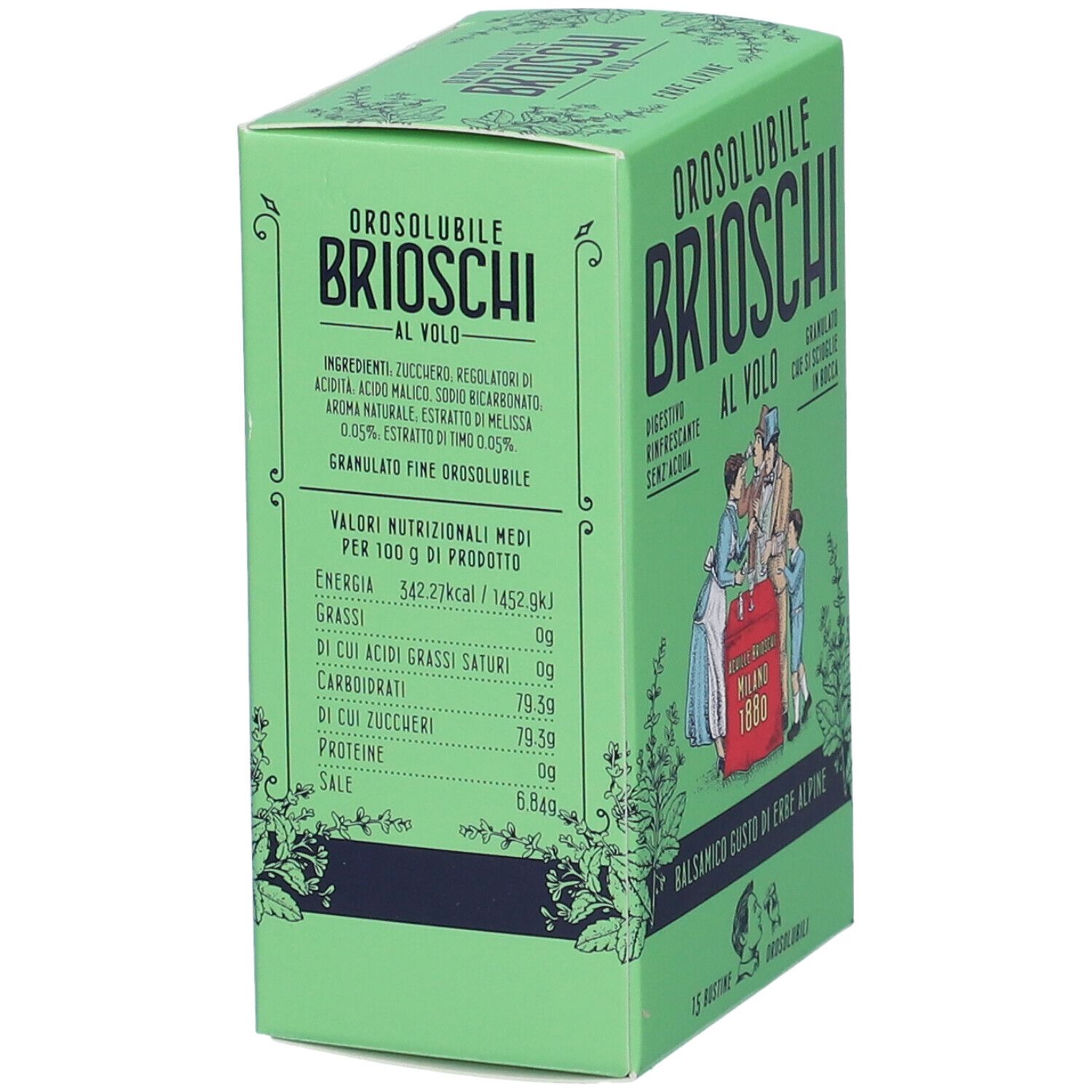 Scatola verde, nome del prodotto e lista ingredienti. Testo: Valori nutrizionali per 100g. 15 bustine. Gusto balsamico.