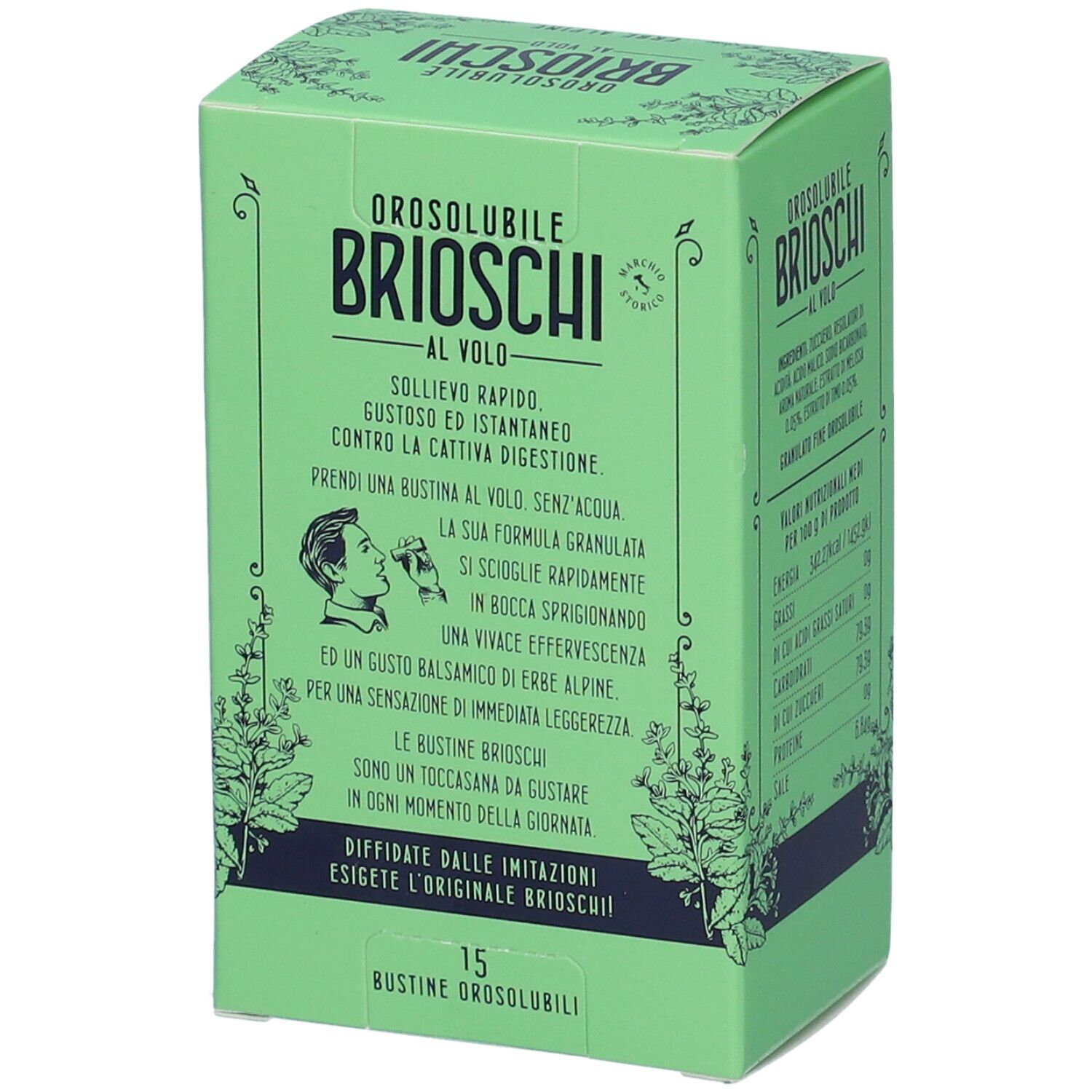 Scatola verde, nome del prodotto e descrizione. Testo: Allevia rapidamente, gustoso, contro indigestione. 15 bustine. Erbe alpine.