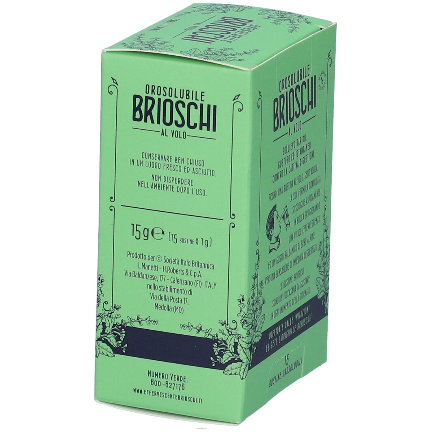 Scatola verde, nome del prodotto e informazioni. Testo: 15g (15 x 1g). Prodotto in Italia. Numero verde. Erbe alpine.