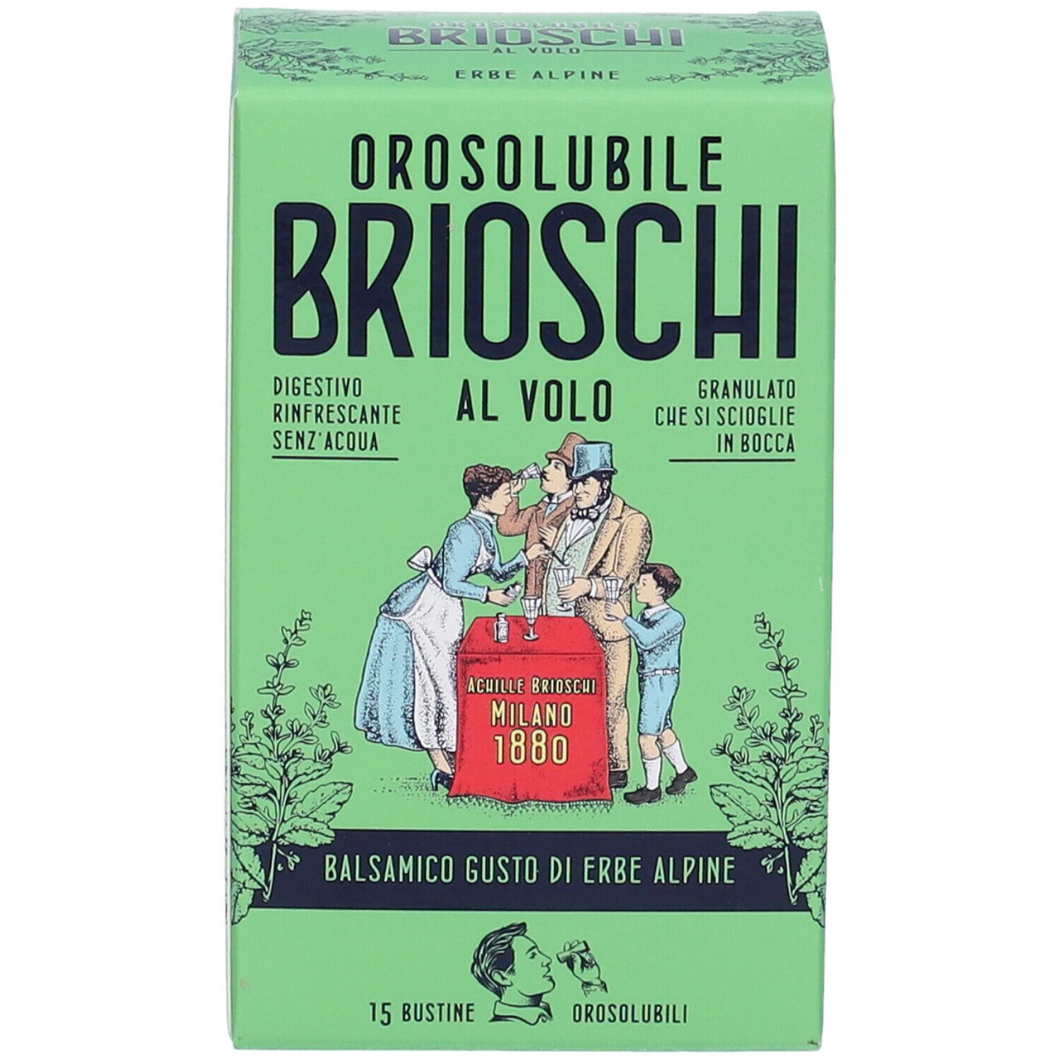 Scatola verde, nome del prodotto e illustrazione. Testo: Gusto balsamico alle erbe alpine. 15 bustine.