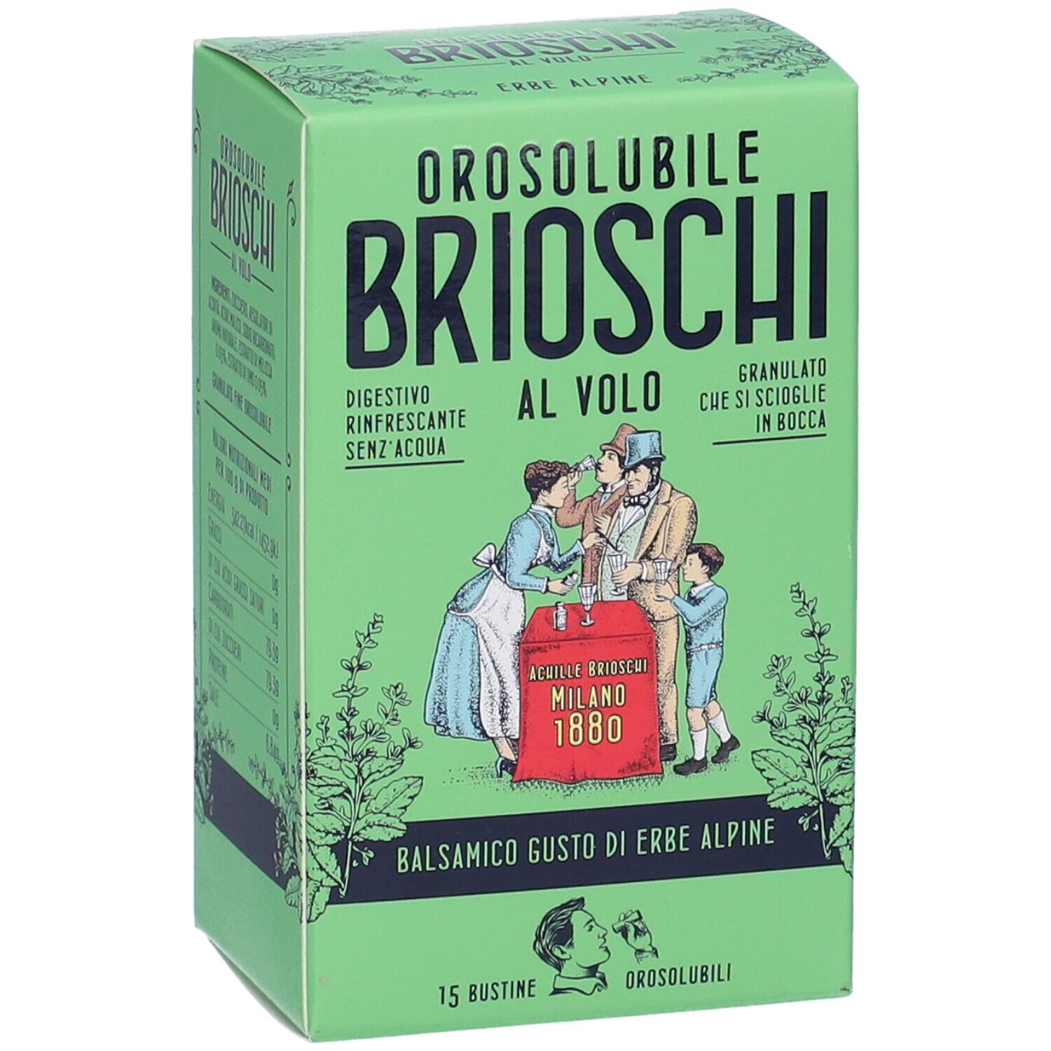 Scatola verde, nome del prodotto e illustrazione. Testo: Gusto balsamico alle erbe alpine. 15 bustine.