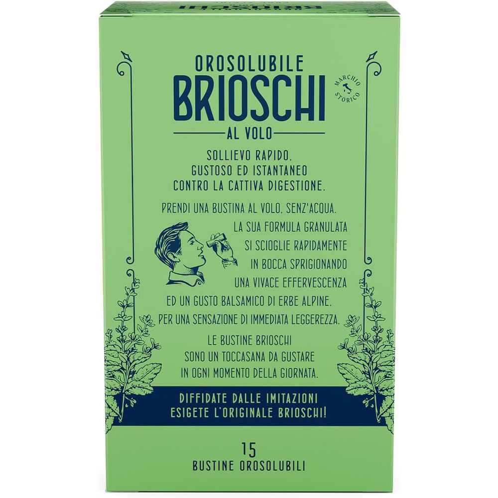 Scatola verde con testo su "Orosolubile Brioschi". Contiene 15 bustine. Testo: Gusto balsamico alle erbe alpine.