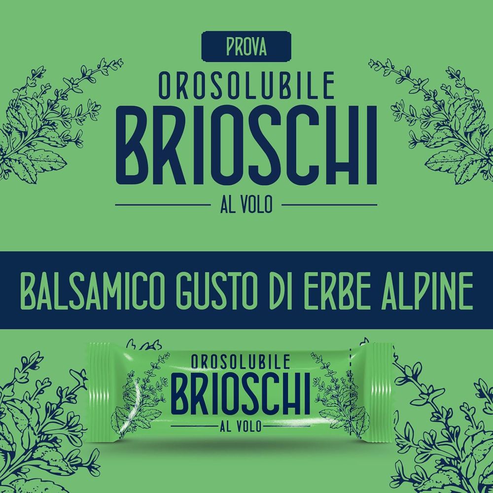 Sfondo verde con logo "Orosolubile Brioschi" e una bustina. Testo: Gusto balsamico alle erbe alpine.