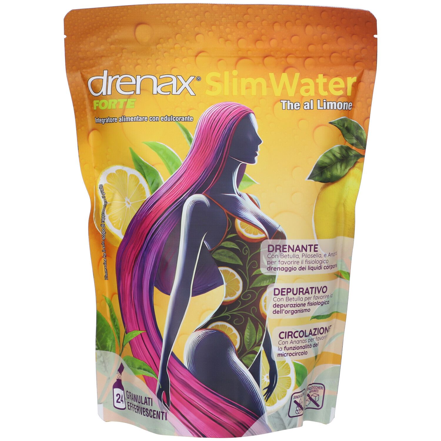 Busta del prodotto con stampa "drenax SlimWater The al Limone". Illustrazione di donna e limoni. Testo: "DRENANTE", "DEPURATIVO", "CIRCOLAZIONE".