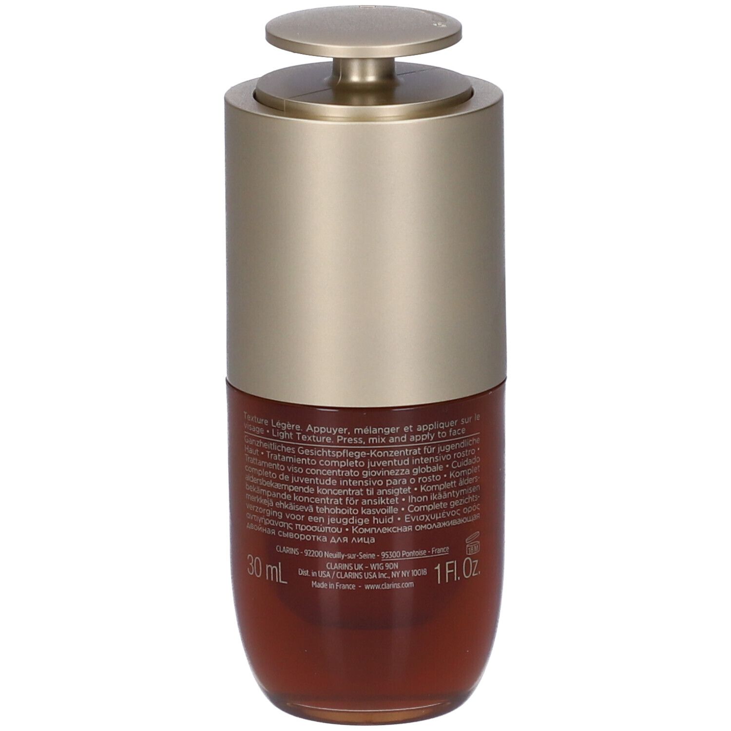 Retro del flacone Clarins Double Serum Light Texture con informazioni sul prodotto.