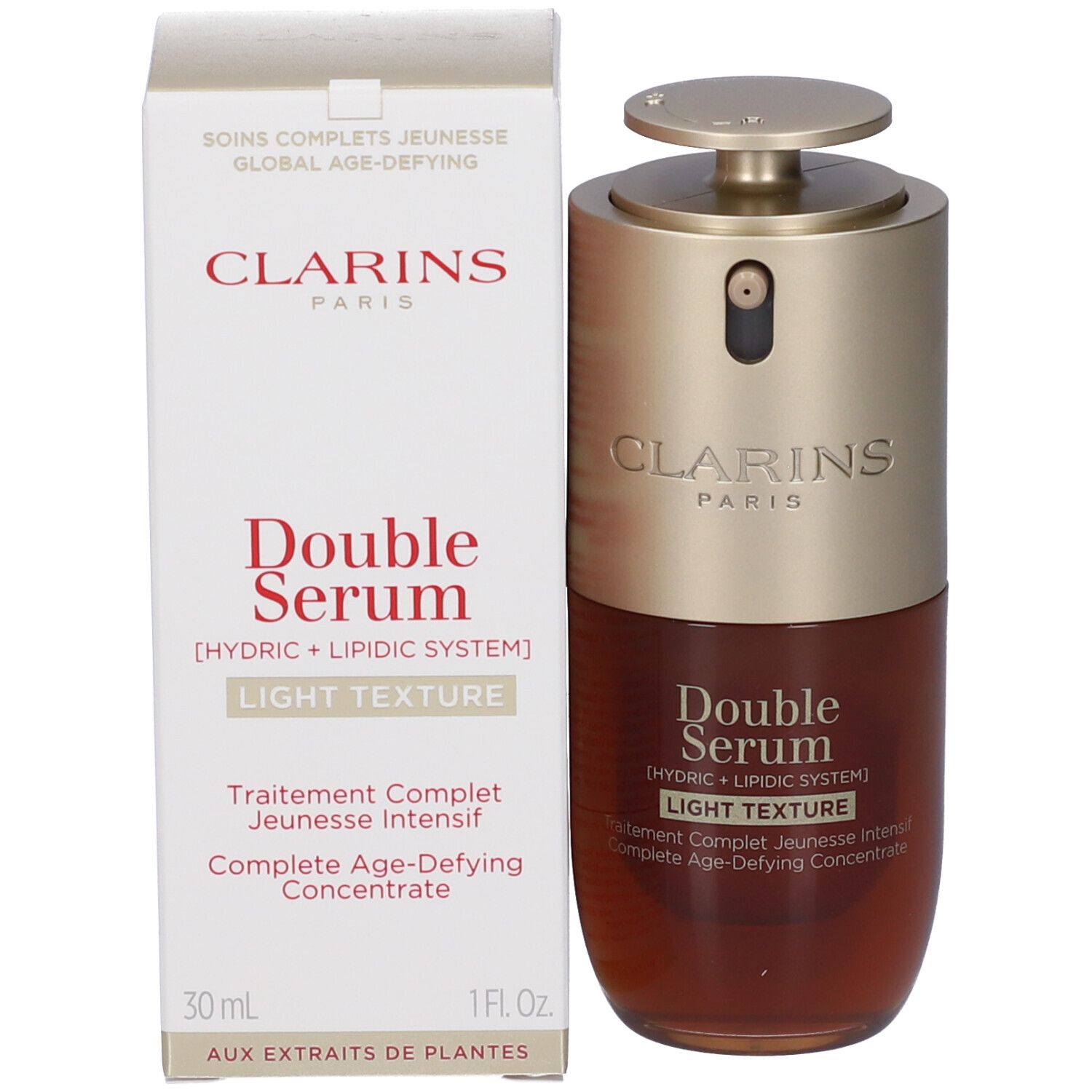 Flacone Clarins Double Serum Light Texture accanto alla sua confezione.