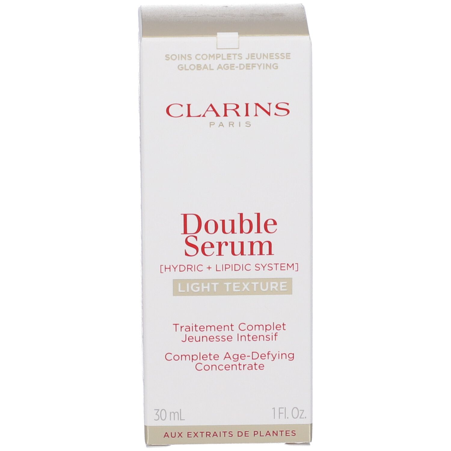 Confezione del Clarins Double Serum Light Texture con descrizione del prodotto.