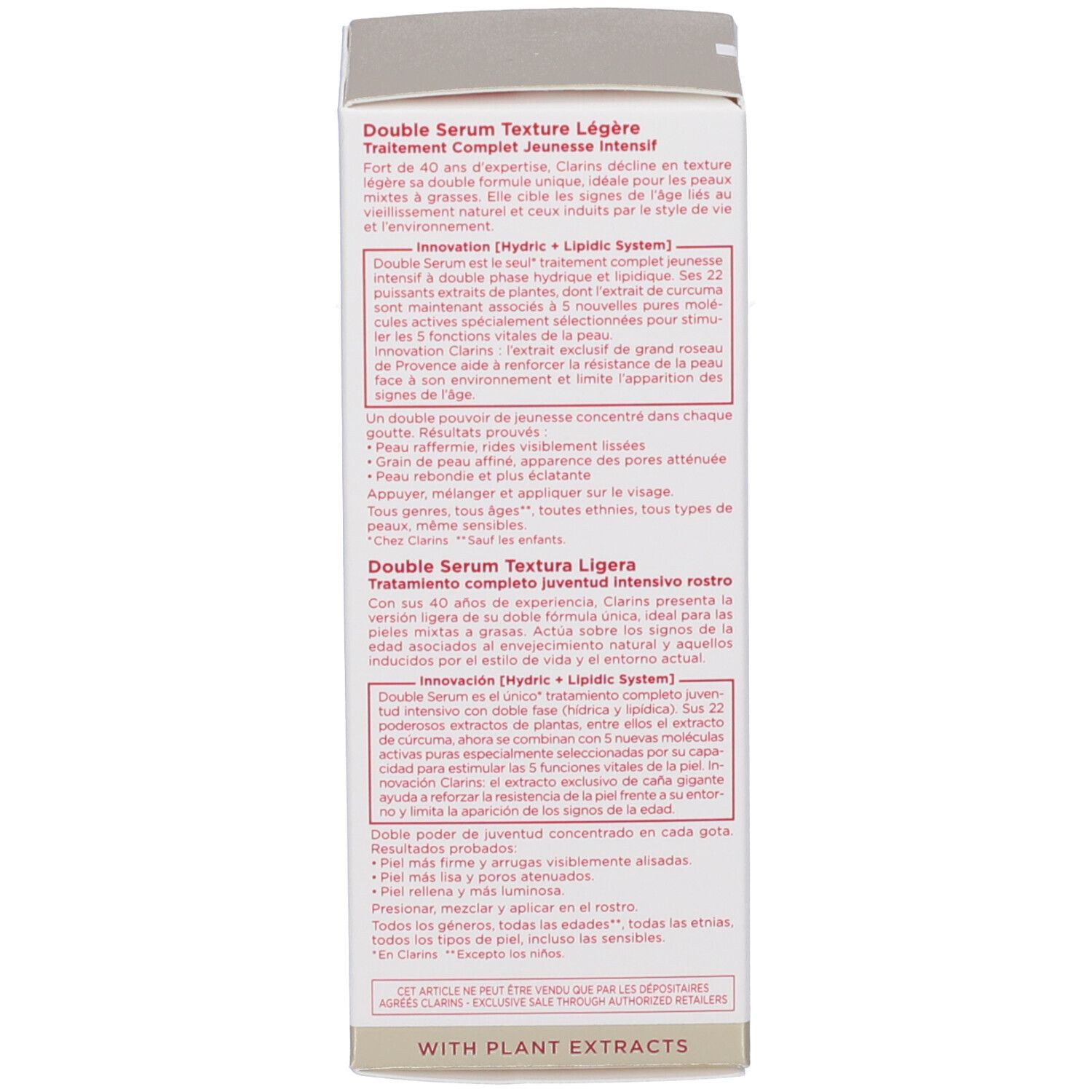 Lato della confezione Clarins Double Serum Light Texture con informazioni dettagliate.