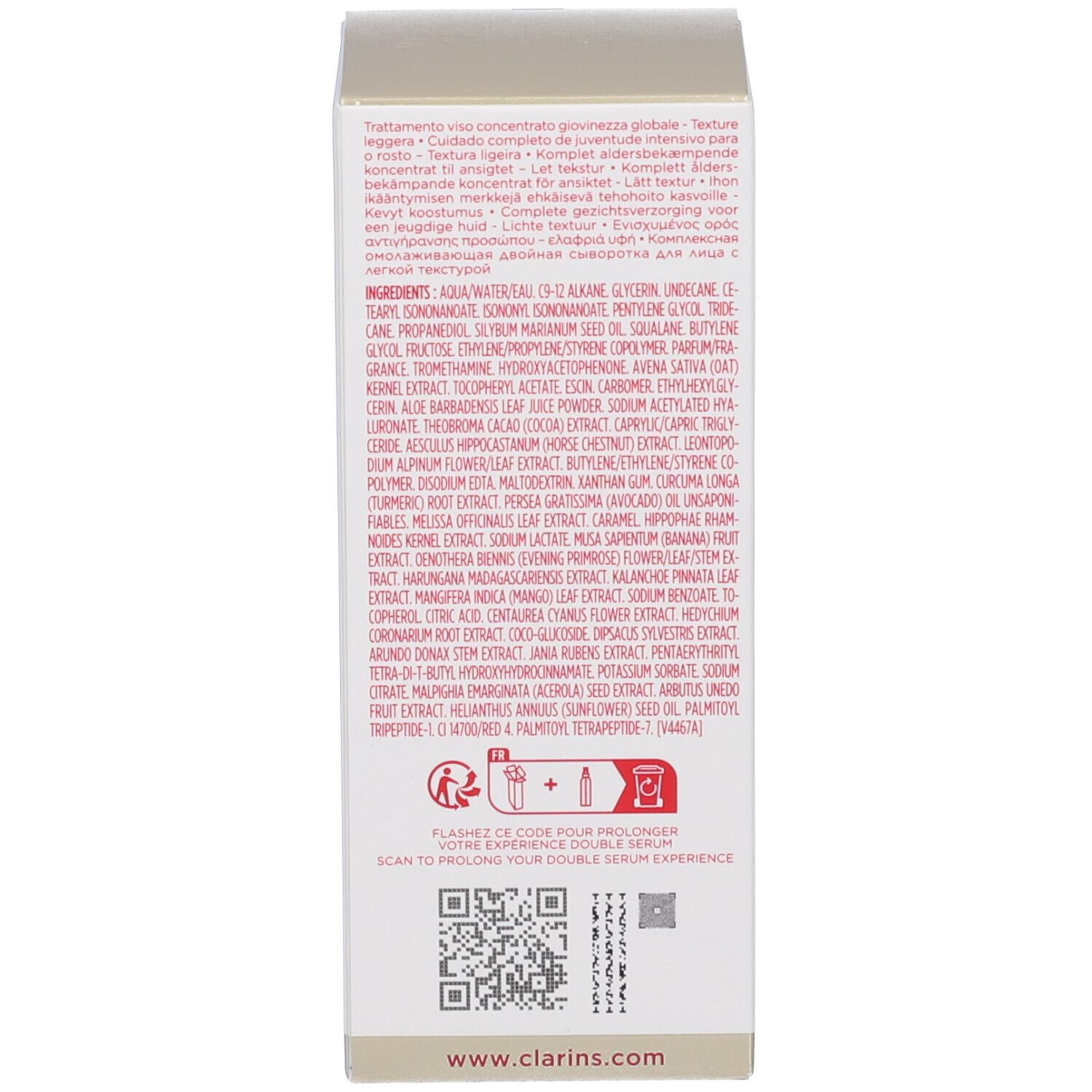 Retro della confezione Clarins Double Serum Light Texture con elenco ingredienti.
