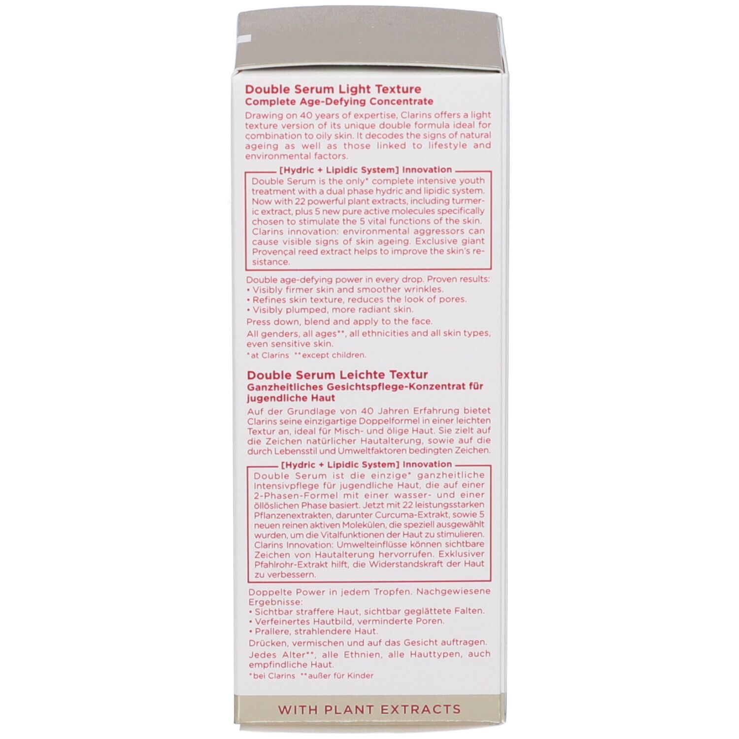 Confezione Clarins Double Serum Light Texture con descrizione prodotto e codice QR.