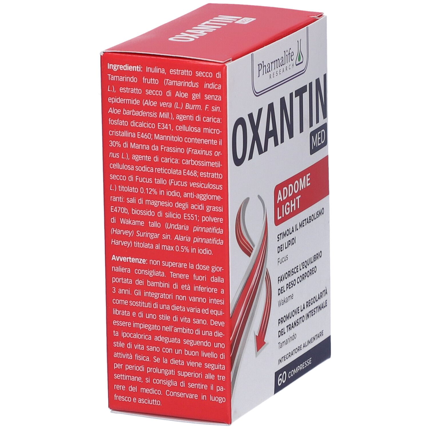 Retro scatola Oxantin Med Addome Light Compresse. Ingredienti, avvertenze e informazioni. Testo in italiano.