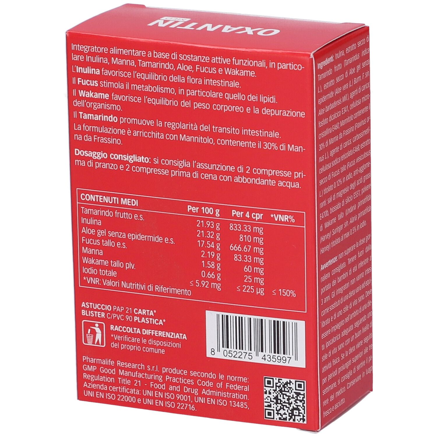 Retro scatola Oxantin Med Addome Light Compresse. Tabella nutrizionale. Testo in italiano. Codice QR.