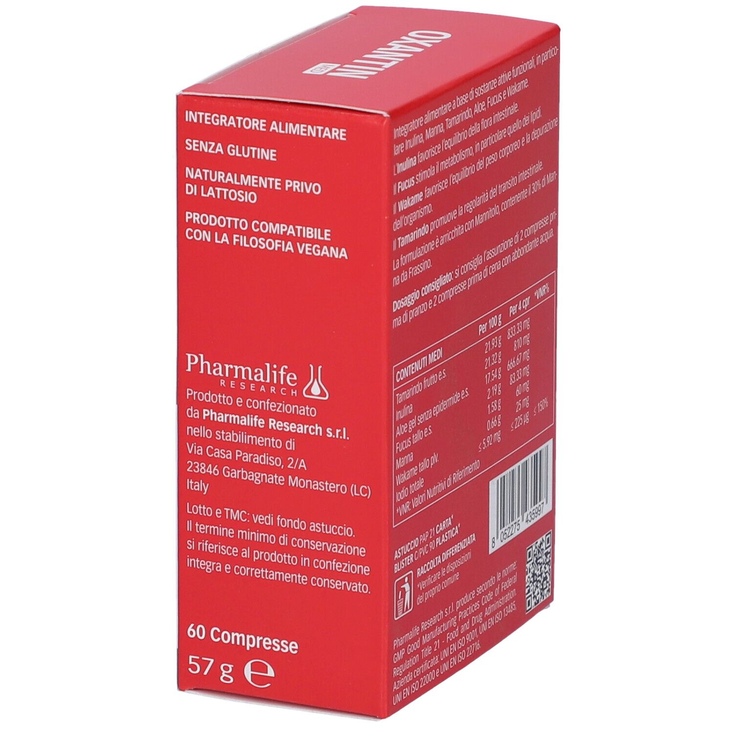 Lato rosso scatola Oxantin Med Addome Light Compresse. Informazioni prodotto. Testo in italiano. 60 compresse.