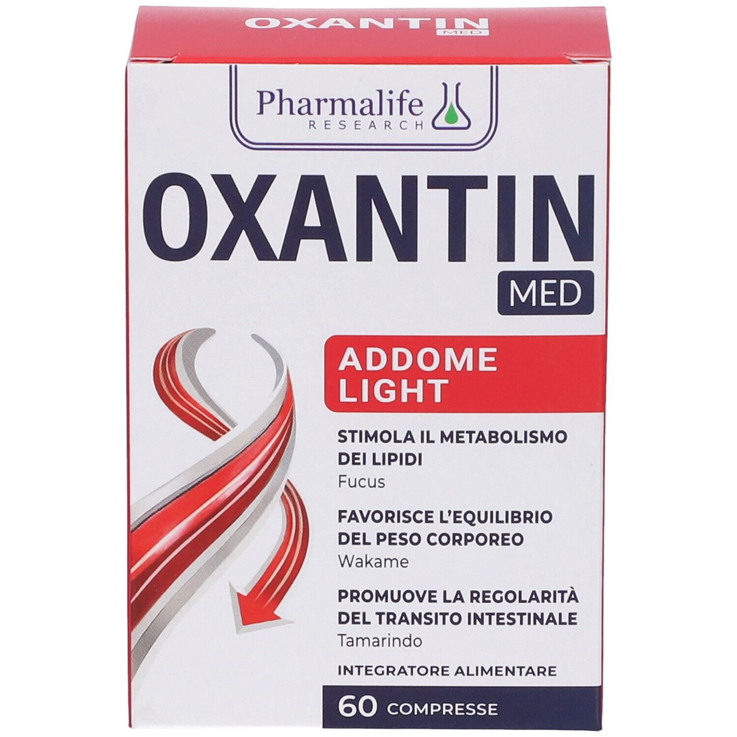 Scatola Oxantin Med Addome Light Compresse. Contiene 60 compresse. Marchio PharmaLife. Testo in italiano. Senza glutine.