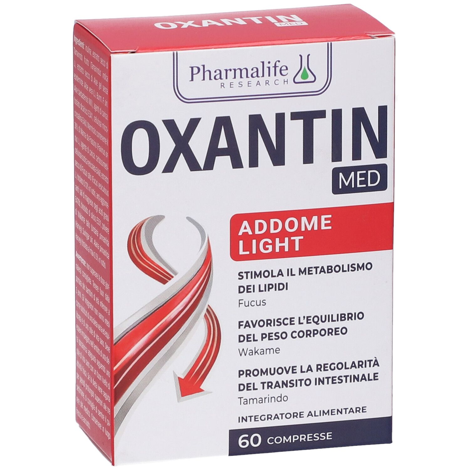 Scatola Oxantin Med Addome Light Compresse. Contiene 60 compresse. Marchio PharmaLife. Testo in italiano. Senza glutine.