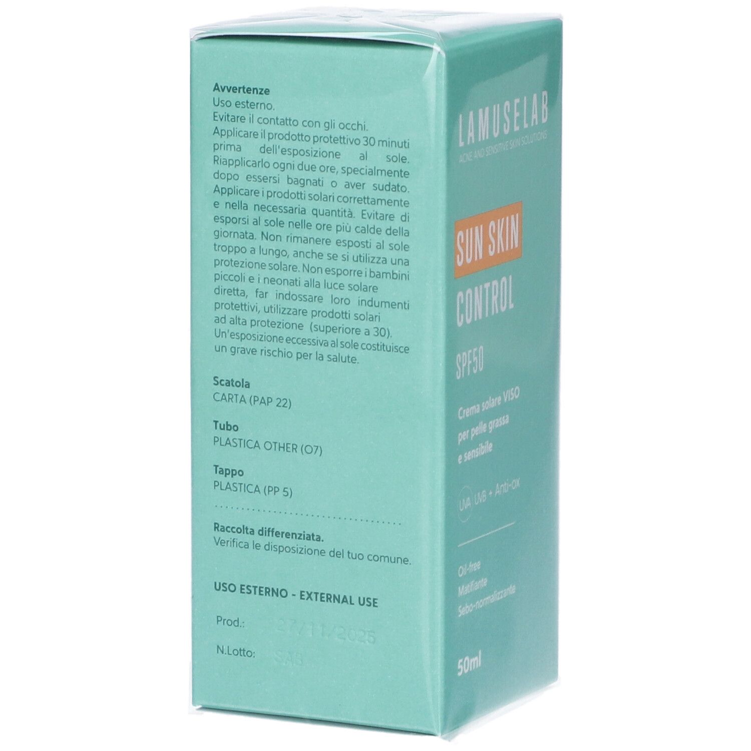 Scatola turchese con testo in italiano. Contiene informazioni sull'uso e sugli ingredienti.