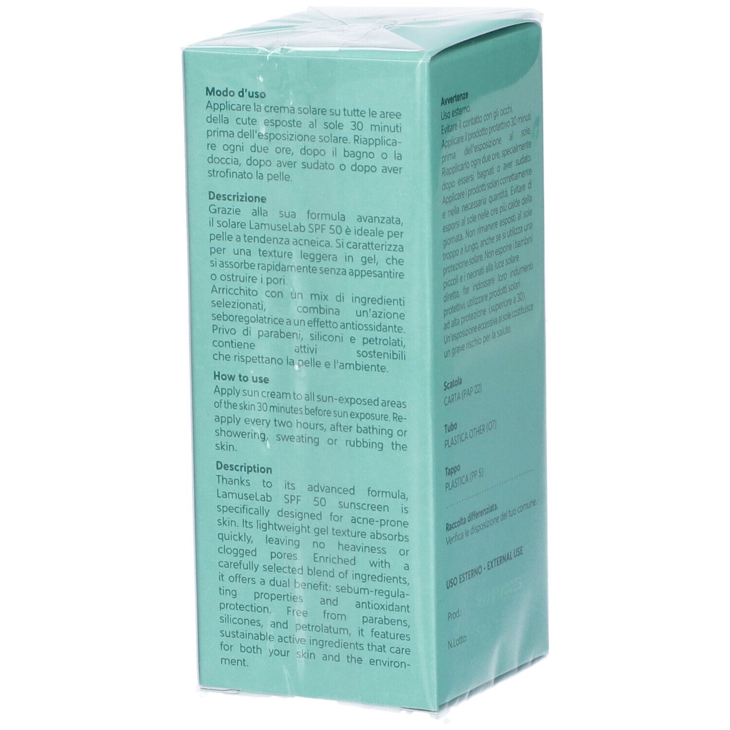 Scatola turchese con testo in italiano e inglese. Descrive le proprietà del prodotto.