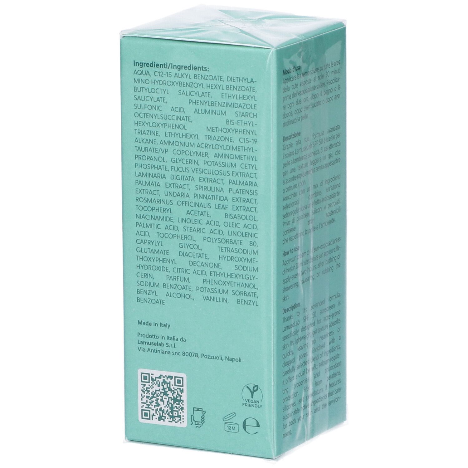 Scatola turchese con elenco ingredienti in inglese. Contiene codice QR ed etichetta vegana.