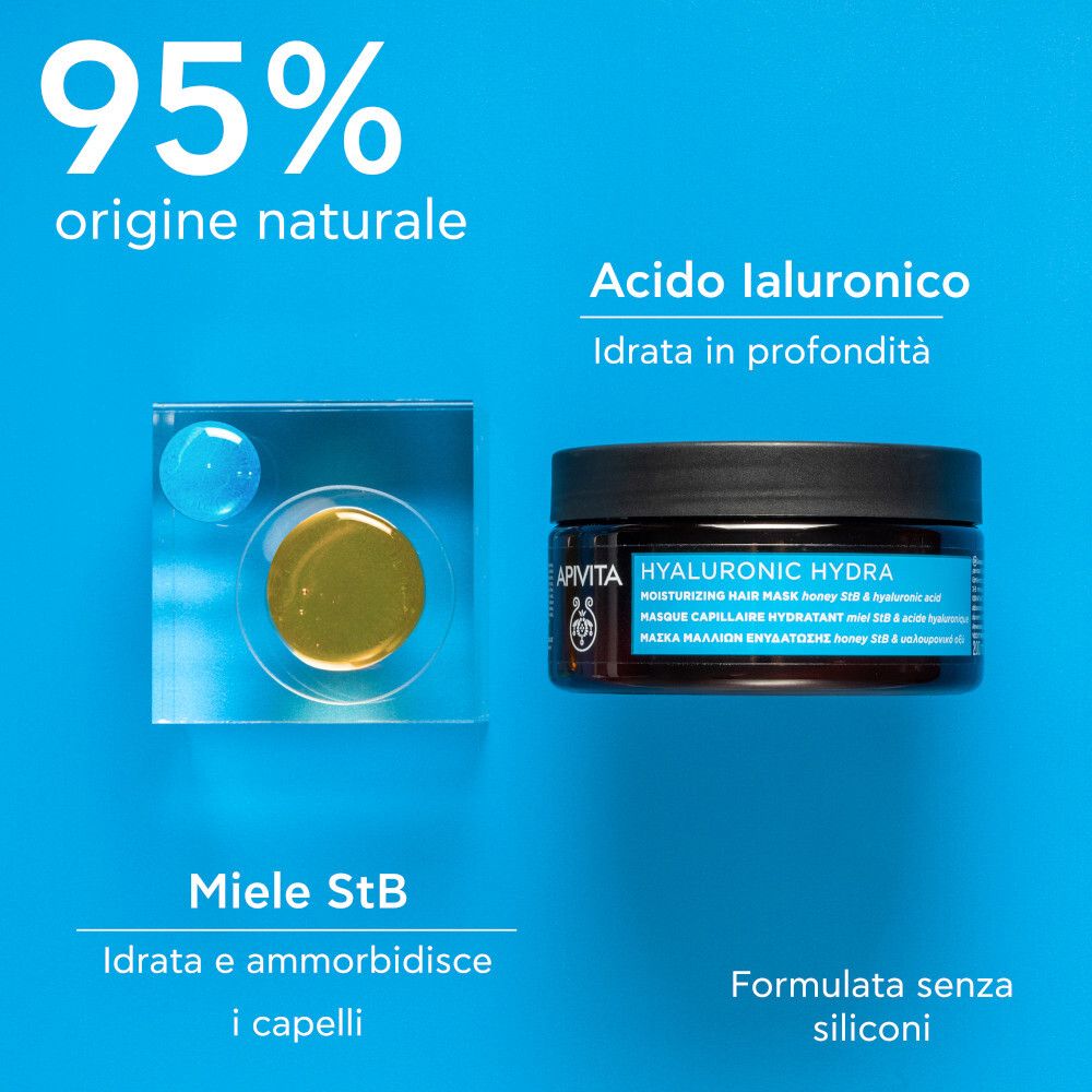 Prodotto accanto a contenitore con liquido giallo. Scritta: APIVITA, HYALURONIC HYDRA. Testo: 95% origine naturale.