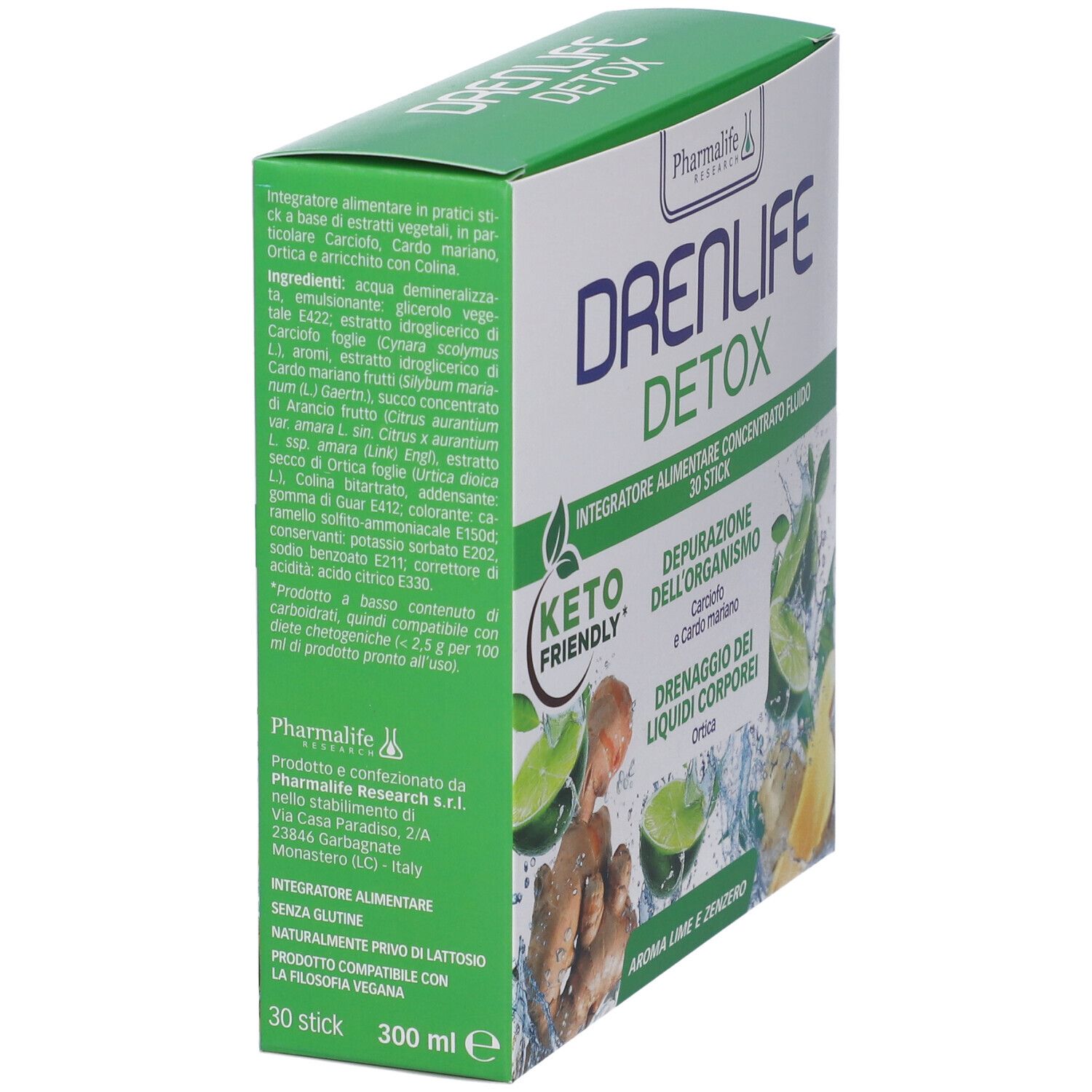 Confezione di Drenlife Detox Stick, angolata. Informazioni sul prodotto, ingredienti e produttore. Keto Friendly.