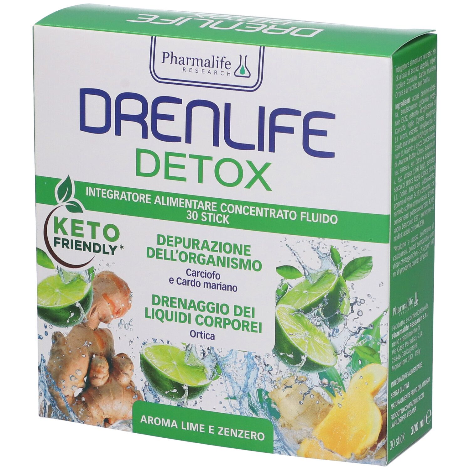 Confezione di Drenlife Detox Stick. Scatola verde e bianca con nome e ingredienti. Indicazione Keto Friendly.