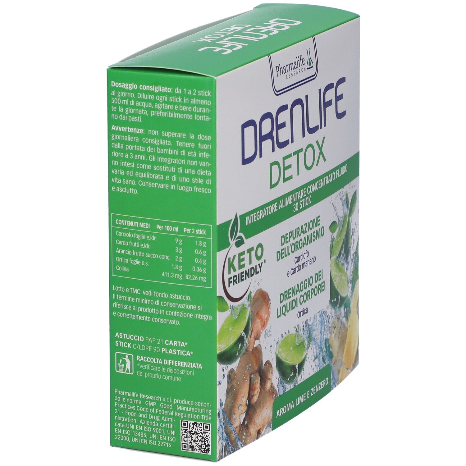 Confezione di Drenlife Detox Stick, angolata. Raccomandazioni di dosaggio e informazioni nutrizionali. Keto Friendly.