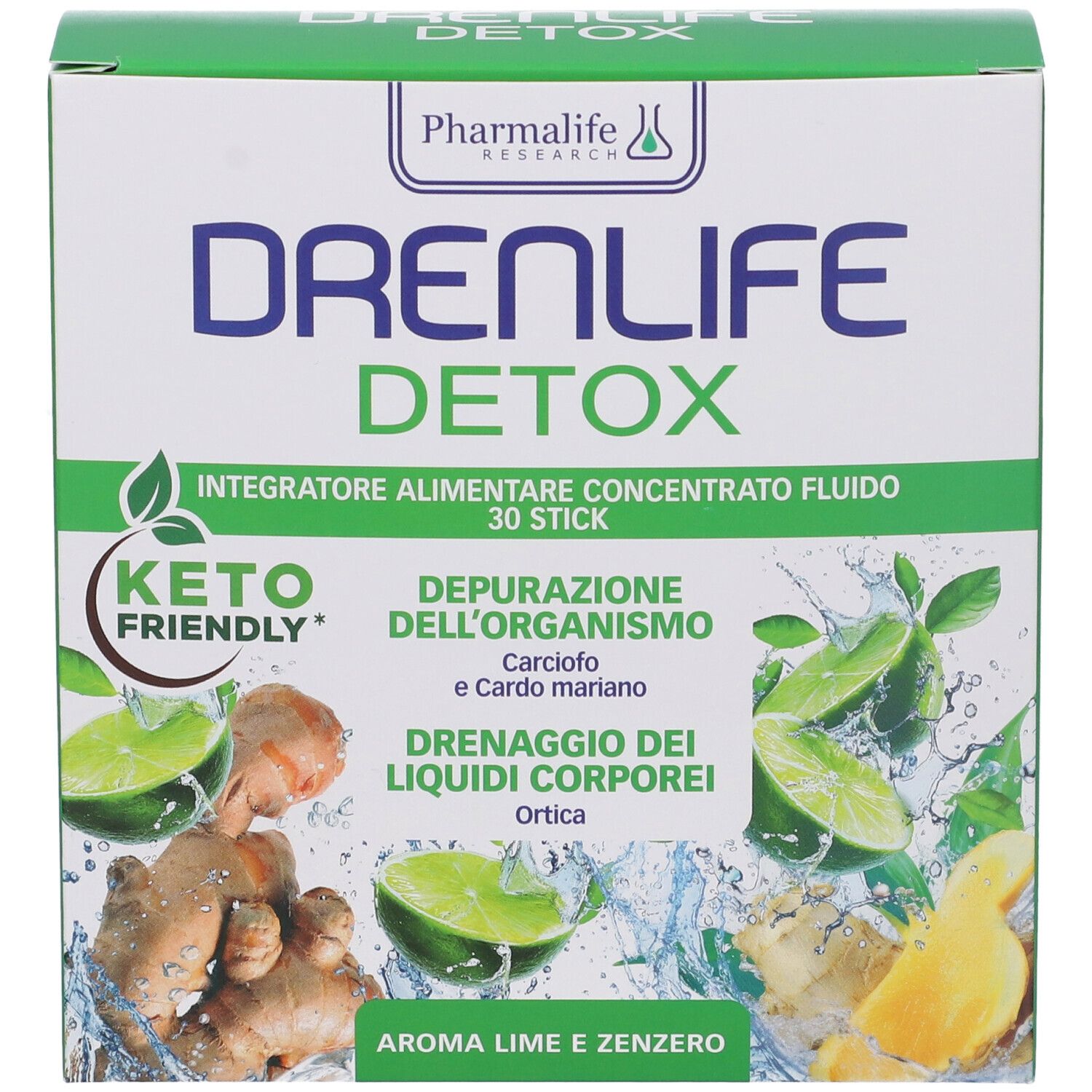 Confezione di Drenlife Detox Stick. Scatola verde e bianca con nome e ingredienti. Indicazione Keto Friendly.