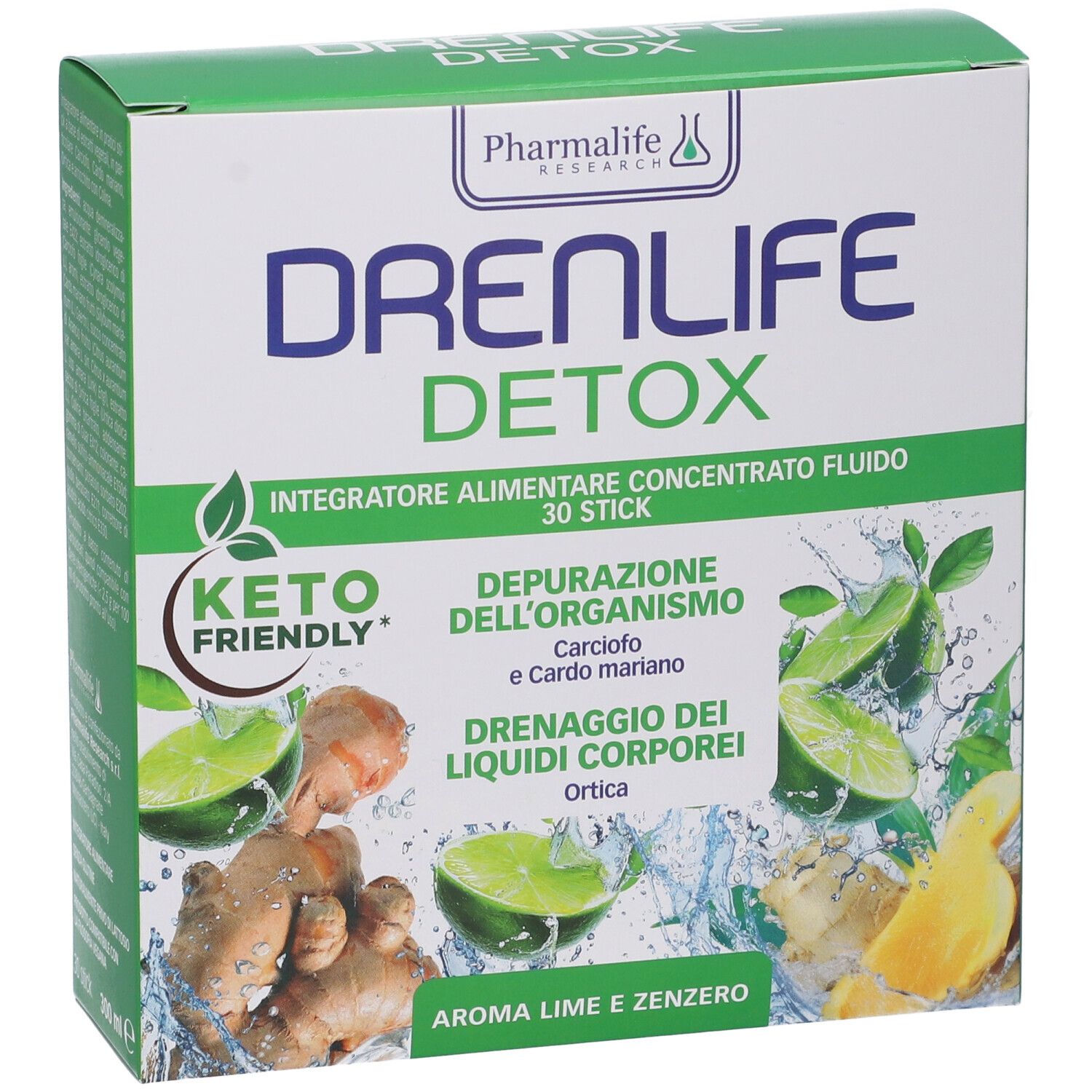 Confezione di Drenlife Detox Stick. Scatola verde e bianca con nome e ingredienti. Indicazione Keto Friendly.