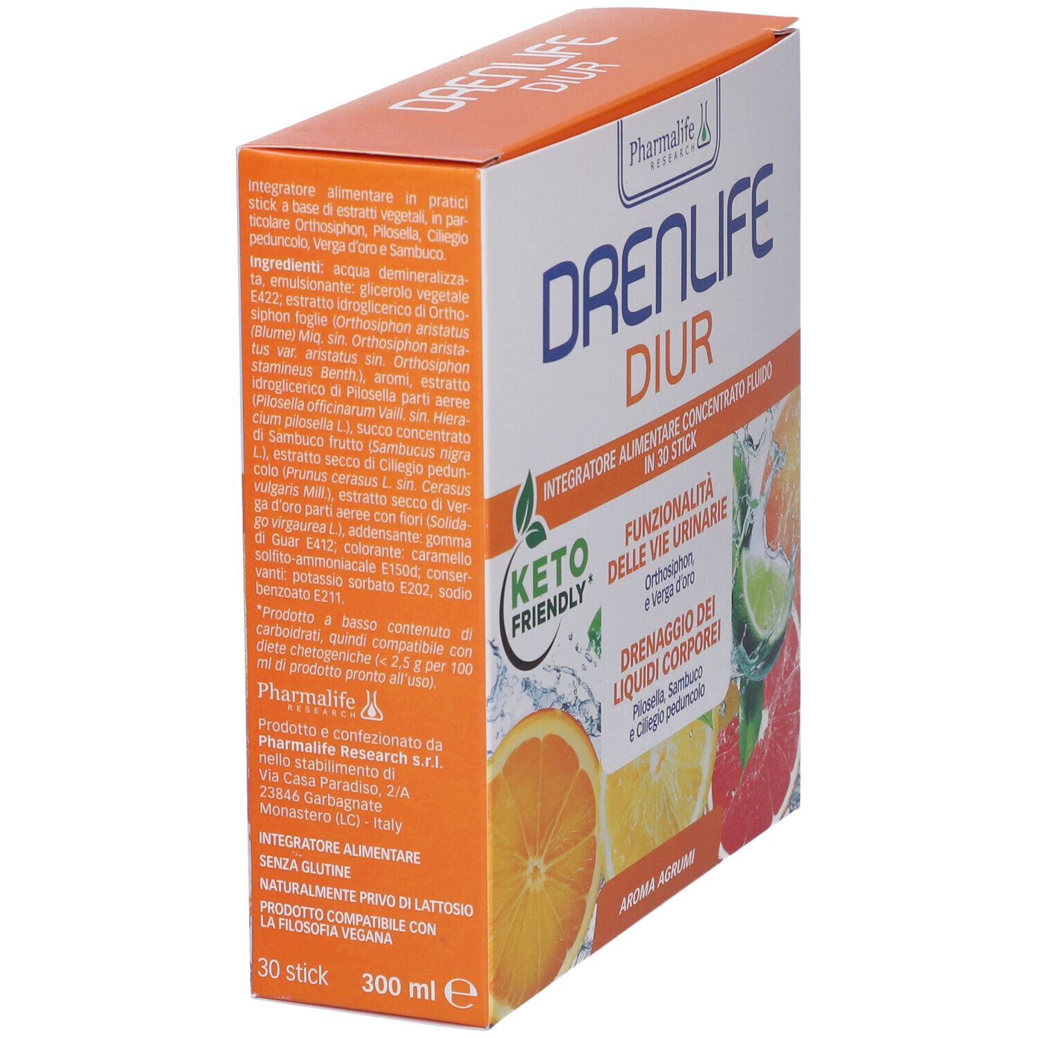 Scatola di Drenlife Diur Stick. Scritte: ingredienti, informazioni del produttore e nome del prodotto. Logo Keto Friendly.