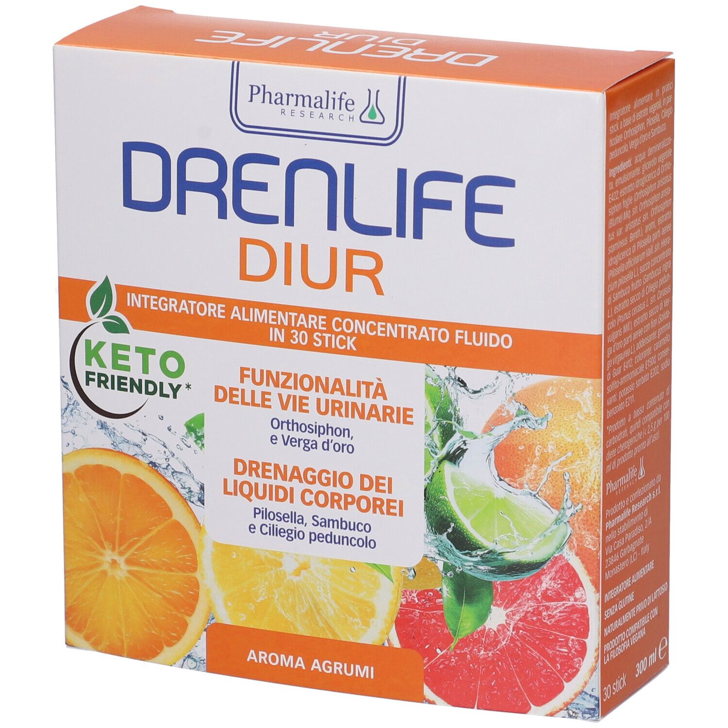 Scatola di Drenlife Diur Stick. Scritte: Keto Friendly, Aroma Agrumi, ingredienti e nome del prodotto. Illustrazione di frutta.
