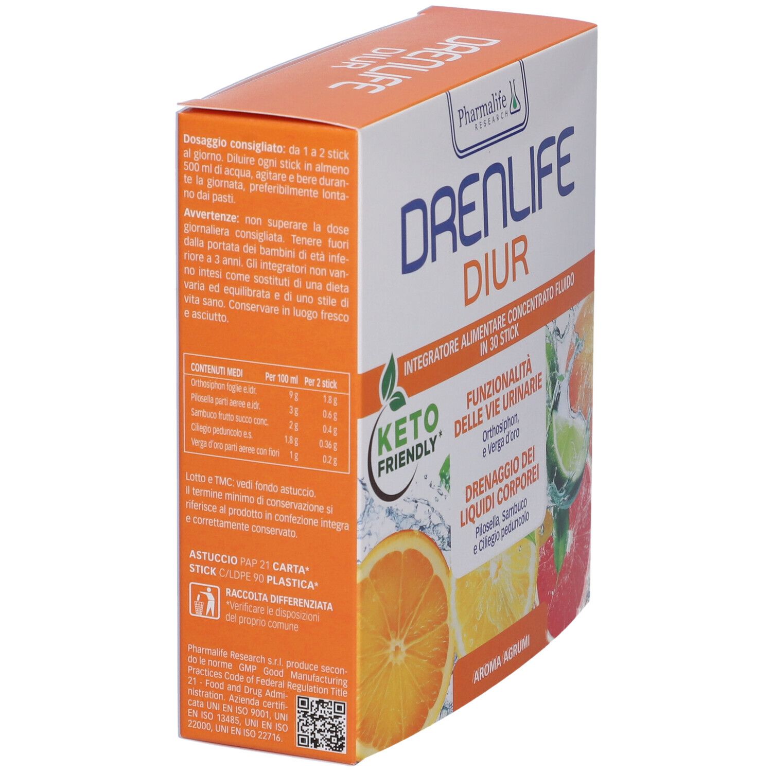 Scatola di Drenlife Diur Stick. Scritte: ingredienti, informazioni del produttore e nome del prodotto. Logo Keto Friendly.