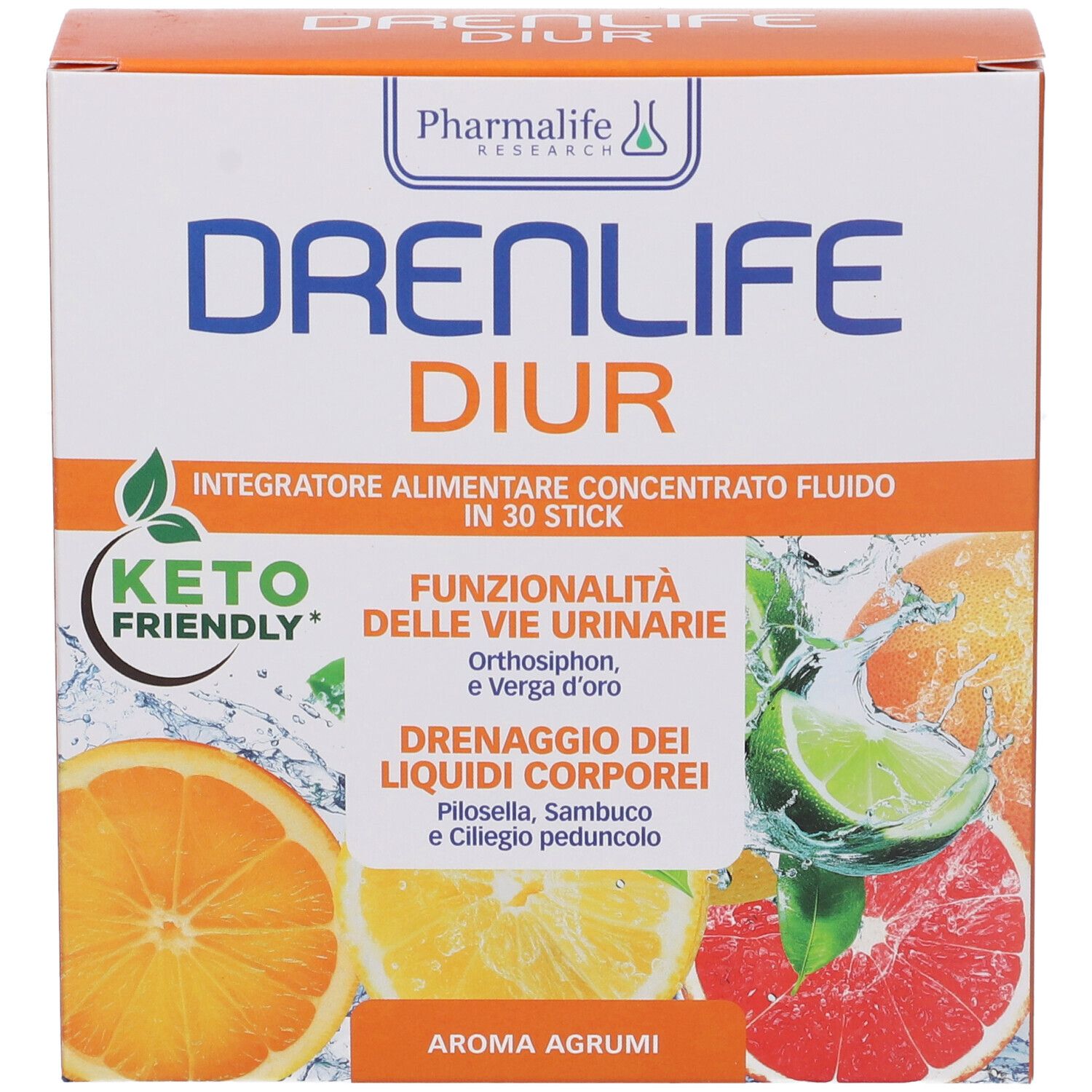 Scatola di Drenlife Diur Stick. Scritte: Keto Friendly, Aroma Agrumi, ingredienti e nome del prodotto. Illustrazione di frutta.