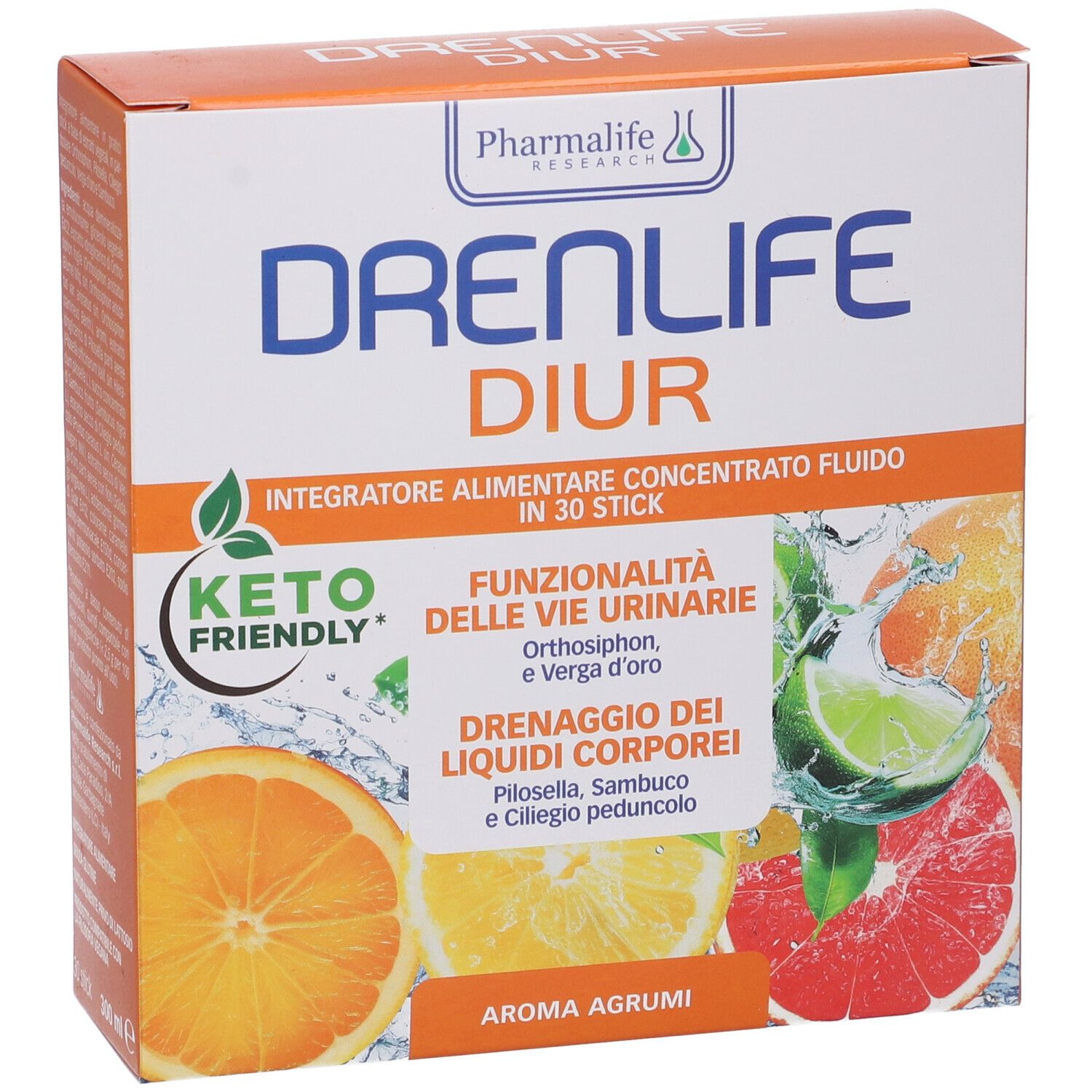 Scatola di Drenlife Diur Stick. Scritte: Keto Friendly, Aroma Agrumi, ingredienti e nome del prodotto. Illustrazione di frutta.