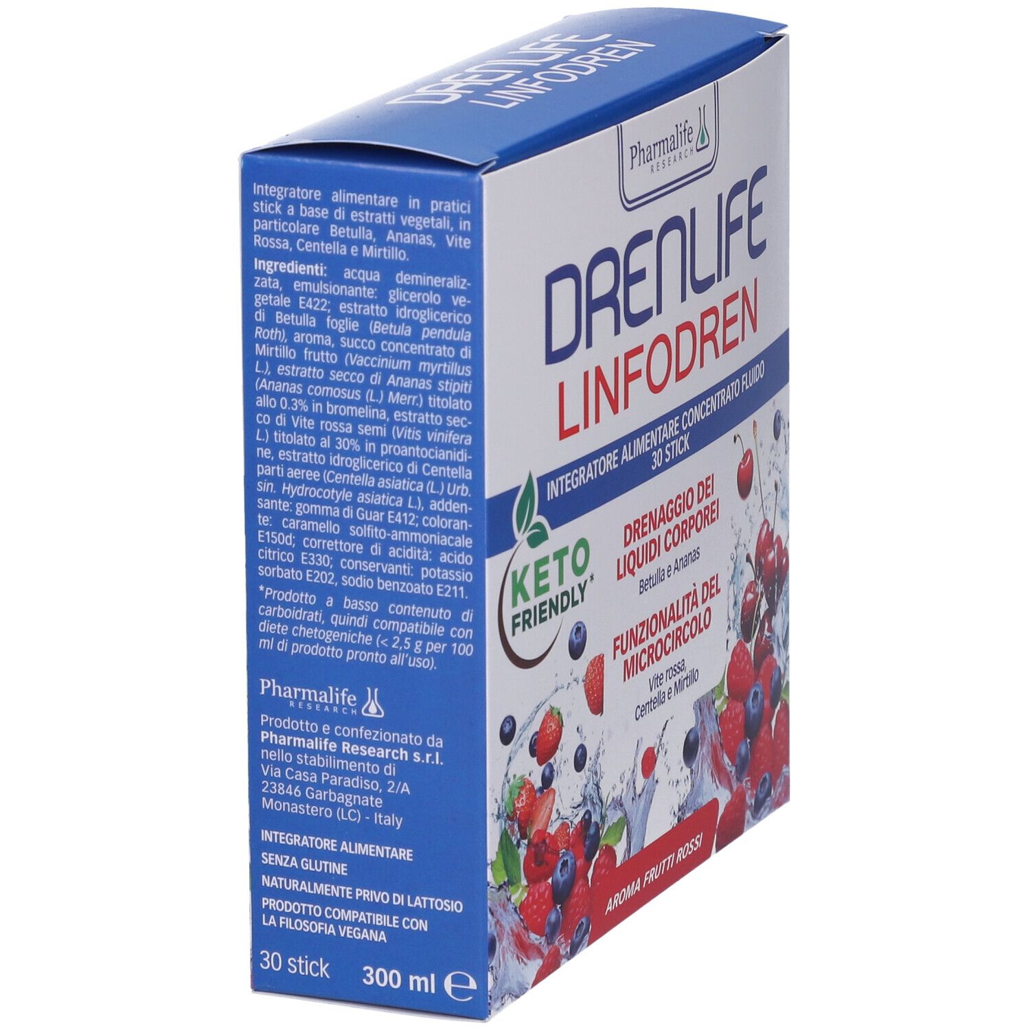 Scatola di Pharmalife Drenlife Linfodren. Scritto: Drenaggio dei liquidi corporei, Keto Friendly, Aroma Frutti Rossi. Informazioni sul prodotto sul lato.