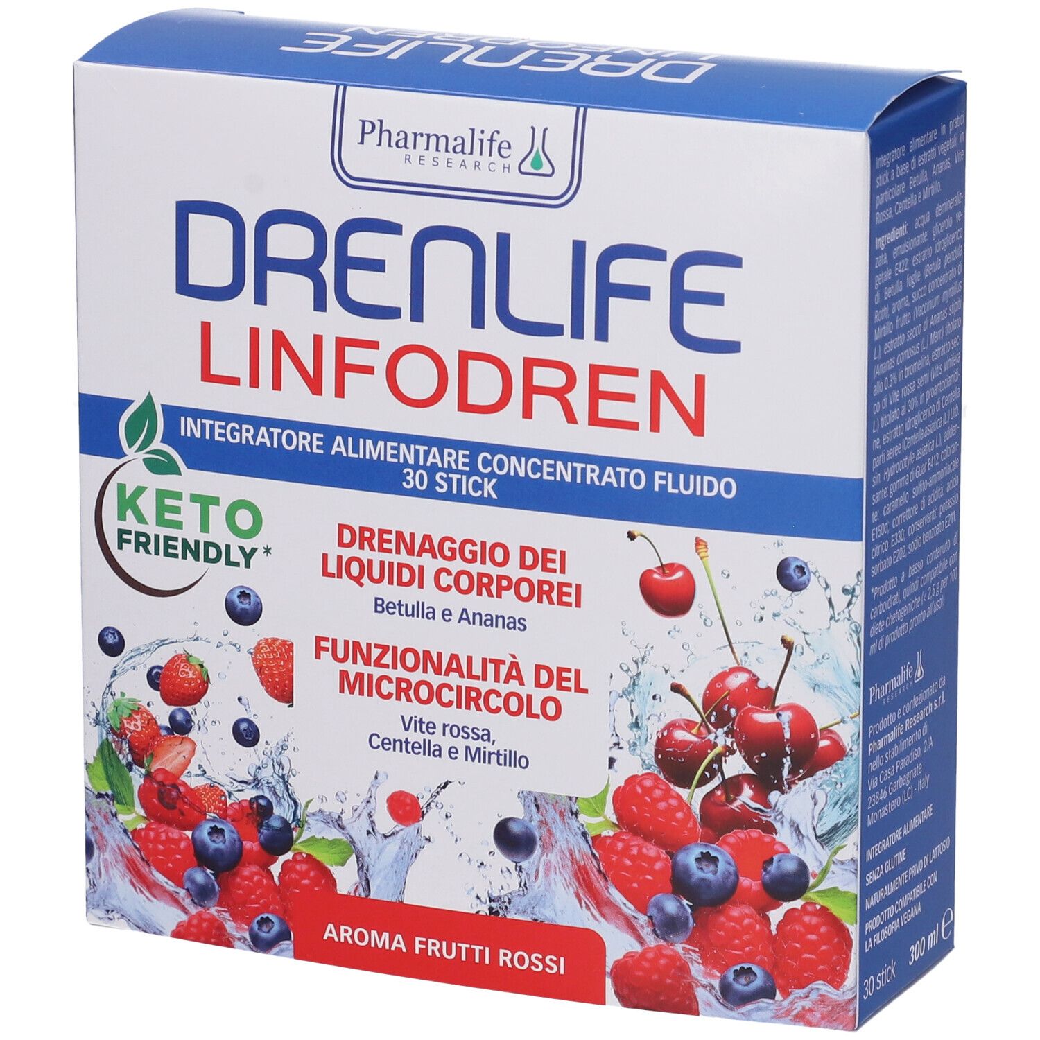 Scatola di Pharmalife Drenlife Linfodren. Scritto: Drenaggio dei liquidi corporei, Keto Friendly, Aroma Frutti Rossi. Illustrazione di frutta.