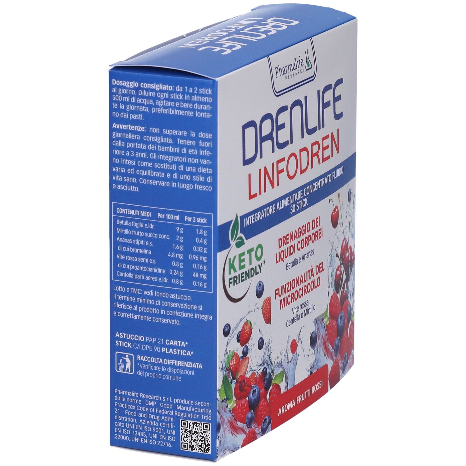 Scatola di Pharmalife Drenlife Linfodren. Scritto: Drenaggio dei liquidi corporei, Keto Friendly, Aroma Frutti Rossi. Informazioni sul prodotto sul lato.