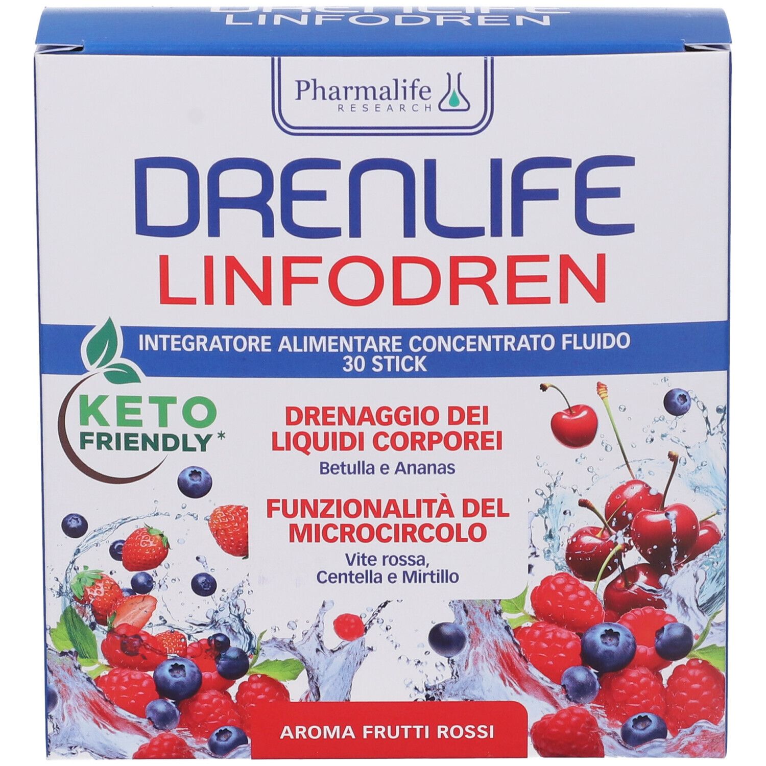 Scatola di Pharmalife Drenlife Linfodren. Scritto: Drenaggio dei liquidi corporei, Keto Friendly, Aroma Frutti Rossi. Illustrazione di frutta.