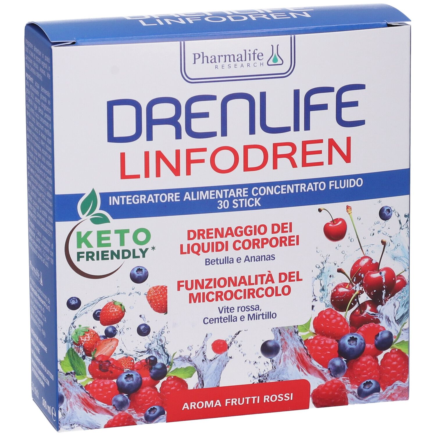 Scatola di Pharmalife Drenlife Linfodren. Scritto: Drenaggio dei liquidi corporei, Keto Friendly, Aroma Frutti Rossi. Illustrazione di frutta.