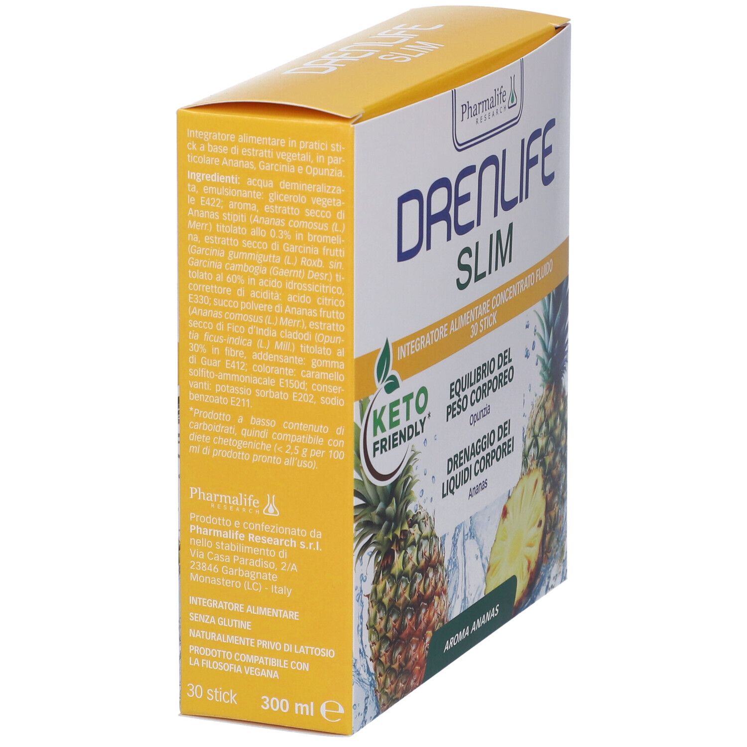 Scatola gialla con logo "DRENLIFE SLIM" e testo. Contiene 30 stick. Testo e ingredienti sul lato.