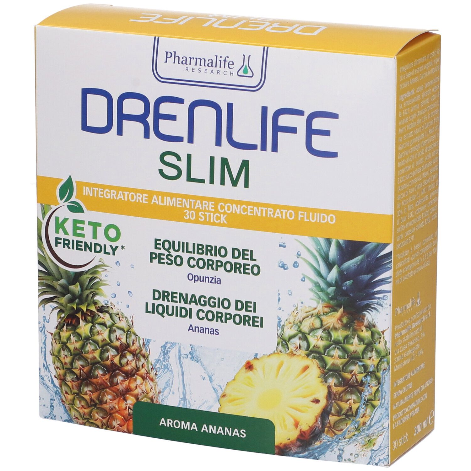 Scatola gialla con logo "DRENLIFE SLIM", illustrazioni di ananas e testo. Contiene 30 stick. Keto friendly.