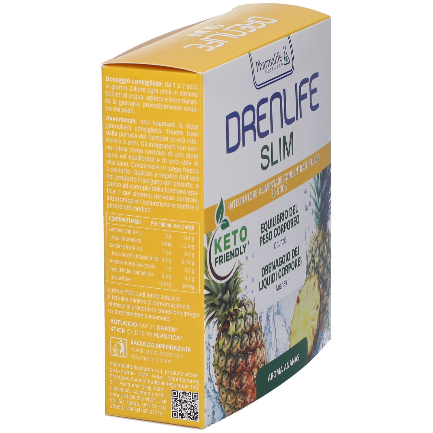 Scatola gialla con logo "DRENLIFE SLIM" e testo. Contiene 30 stick. Testo e ingredienti sul lato.