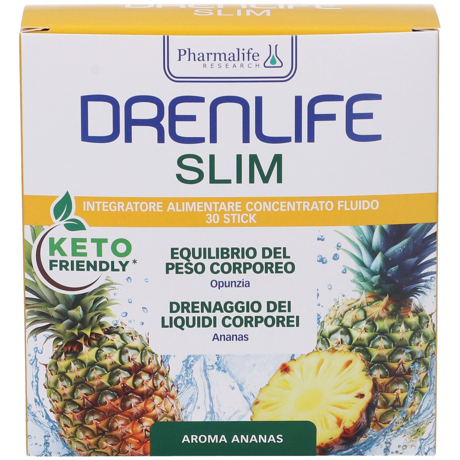 Scatola gialla con logo "DRENLIFE SLIM", illustrazioni di ananas e testo. Contiene 30 stick. Keto friendly.