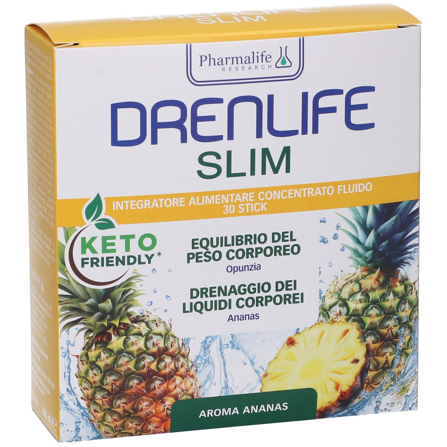 Scatola gialla con logo "DRENLIFE SLIM", illustrazioni di ananas e testo. Contiene 30 stick. Keto friendly.