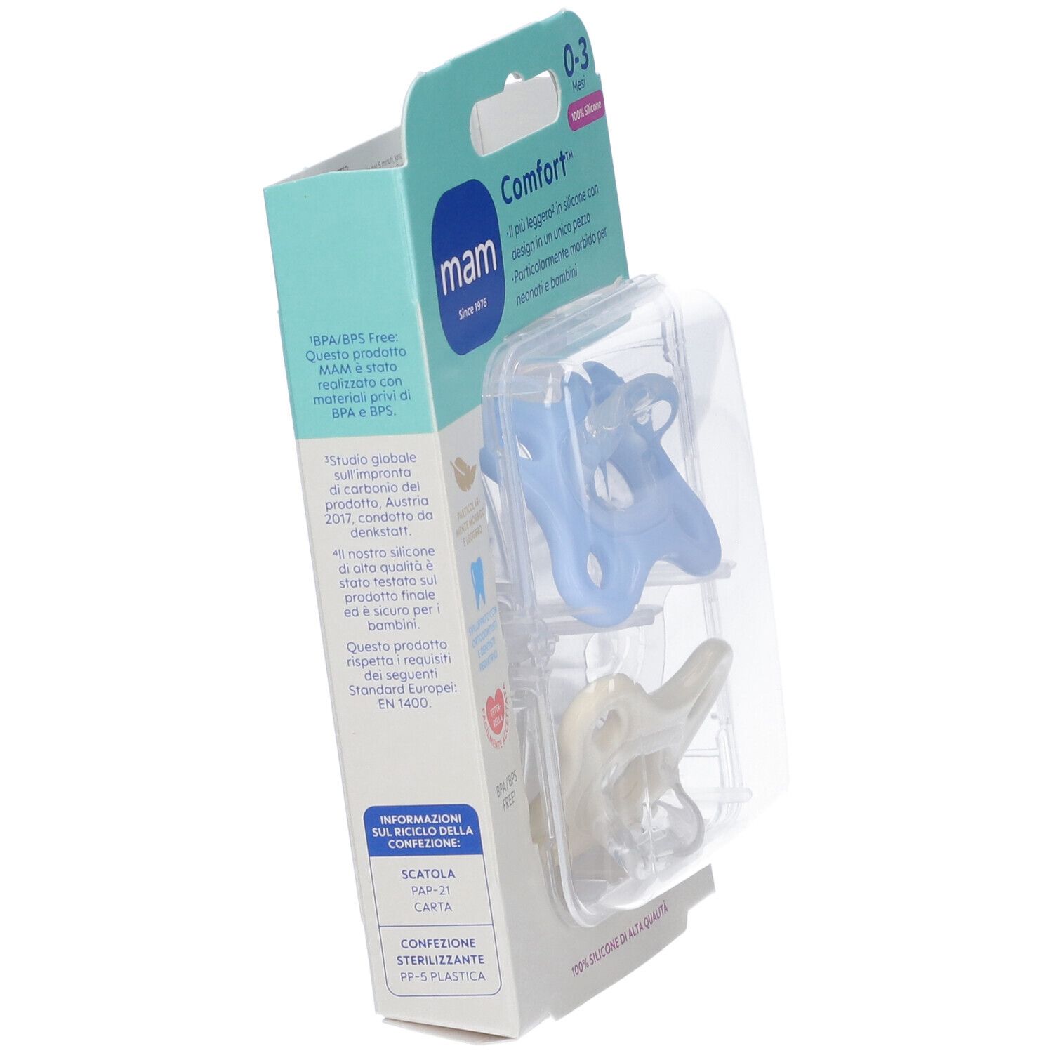 Confezione con due succhietti, blu e crema. Angolo obliquo, informazioni sul prodotto visibili.