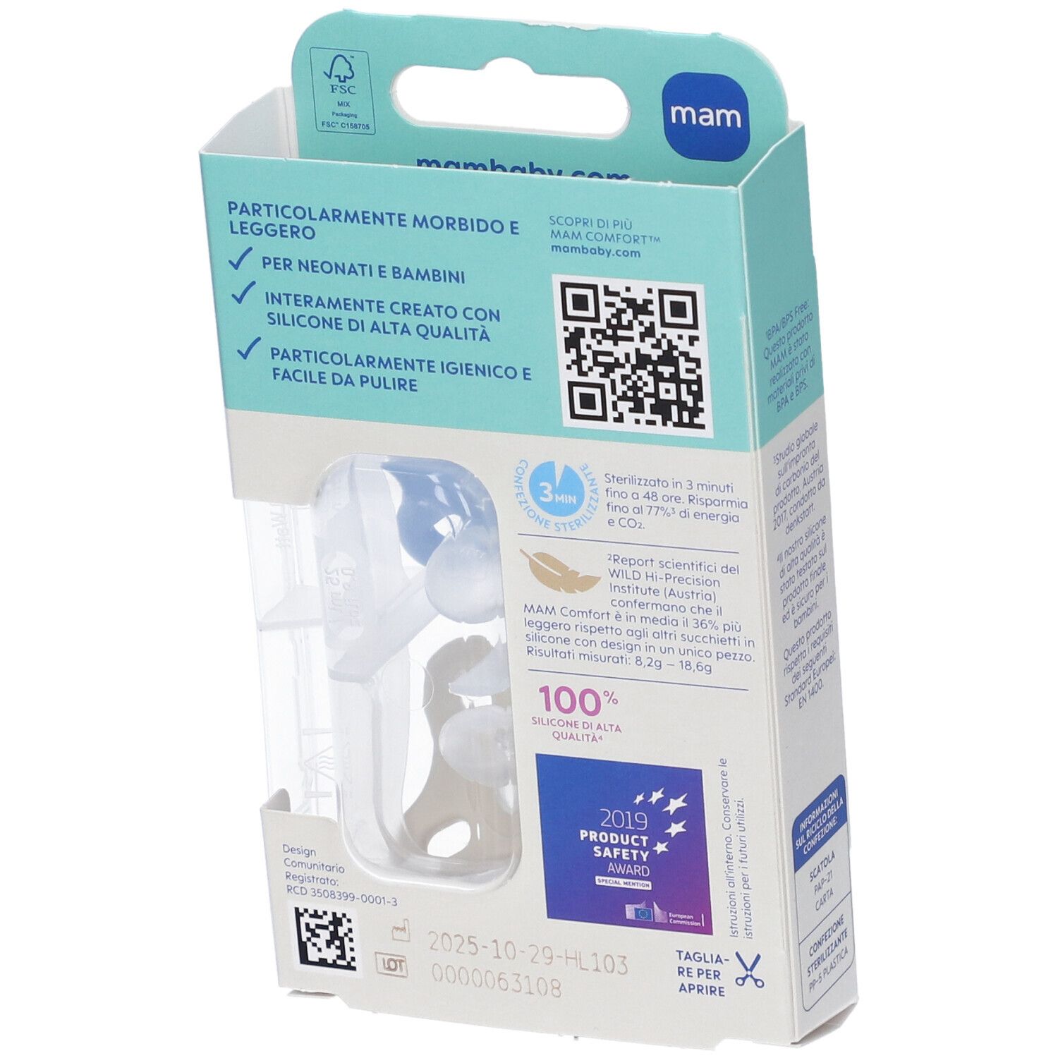 Retro della confezione con due succhietti. Informazioni prodotto, codice QR e certificazione.