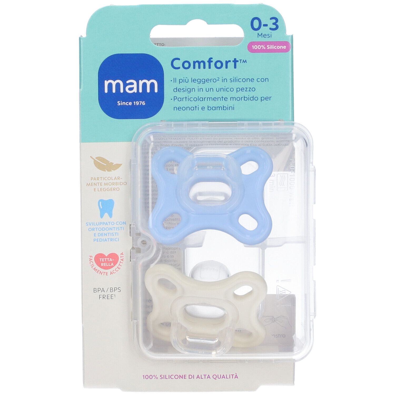 Due succhietti in silicone, blu e crema, in confezione. Informazioni sul prodotto visibili.